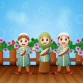 Cartoon of Muslim kids playing tambourine