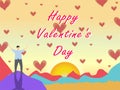 Happy man stand on top of mountain with falling heart and happy valentine`s text.