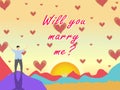 Happiness man stand on top of mountain with will you marry me text Royalty Free Stock Photo