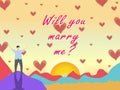 Happiness man stand on top of mountain with will you marry me text Royalty Free Stock Photo