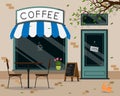 Modern cafe shop exterior, street cafe outdoor terrace flat design, vector illustration