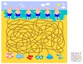 Logic puzzle game with labyrinth for children. What things everybody has lost on the beach? Help every swimmer find his stuff.