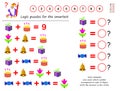 Mathematical logic puzzle game. Solve examples and count which number corresponds to each of object. Write the answers in circles.