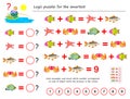 Mathematical logic puzzle game for smartest. Solve examples and count the value of each fish. Write the numbers in circles.