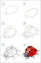 Educational page for kids. How to draw step by step an insect ladybird. Back to school.