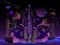 Illustration of fantastic futuristic eastern city at night time. Cover for kids fairy tale book. Poster for travel company.