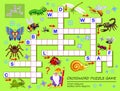 Crossword puzzle game for kids with cute insects. Educational page for children for study English words. Royalty Free Stock Photo