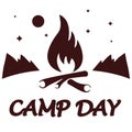 Camp day, June 5. Summer Camping day. Landscape illustration in flat style with campfire and mountains, moon and star.