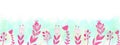 Hand Drawn Pink Floral Border with Green and Blue Watercolor Background Banner Royalty Free Stock Photo