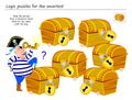 Logic puzzle game for smartest. Help the pirate find a treasure chest that he can open with his key. Royalty Free Stock Photo