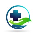 Family people life care medical healthy cross in happy logo green love health hand care protect clinic symbol icon design