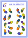 Logic puzzle game for little children. Need to find the second pair of each slipper and join them by drawing lines. Royalty Free Stock Photo