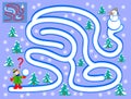 Logical puzzle game with labyrinth for little children. Help the girl find the way in the winter forest till the snowman.