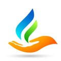 Blue Flame hands care logo fire energy symbol icon nature drops elements vector design on white background Royalty Free Stock Photo