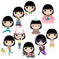 Vector illustration of woman or girl in different lifestyle activities