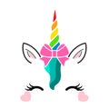 Cute unicorn face with colourful horn and decorative pink bow isolated on white background.