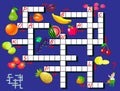 Crossword puzzle game with fruits. Educational page for children for study English language and words.