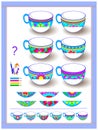 Educational page for kids. Logic puzzle game for children. Need to find and paint second parts of cups.