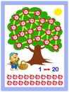 Educational page for baby book. Help the bear collect apples. Draw the line between numbers 1 till 20 consistently.