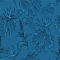 Basic RGBSeamless pattern Monotone on blue Modern exotic forest in vector with palm leaves and hand drawn doodle brushed