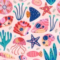 Pink seamless pattern with beautiful underwater sea life