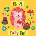 Poster colorful hedgehog with a basket of apples
