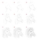 Creation step by step pencil drawing. Page shows how learn to draw sketch of imaginary horses head.