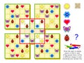 Logic Sudoku puzzle game for kids. Draw signs in empty places so that in each of big squares there will be 5 different images.