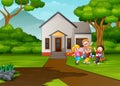 Cartoon school children in front the house Royalty Free Stock Photo