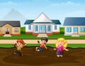 Funny children playing a mud puddle in the rural background