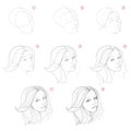 Creation step by step pencil drawing. Page shows how to learn successively draw sketch of imaginary beautiful girl. Royalty Free Stock Photo