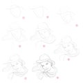 Creation step by step pencil drawing. Page shows how to learn draw imaginary beautiful women in fashionable hat.