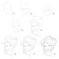 Creation step by step pencil drawing. Page shows how to learn draw sketch of imaginary girl with a fashionable hairstyle.