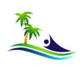 People palm tree sea wave water wave winning swimming logo team work celebration wellness icon vector designs on white background Royalty Free Stock Photo