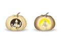 Halloween white pumpkins Jack o lantern - castle shape carved with and without lights - vector illustration isolated on white back