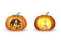 Halloween pumpkins Jack o lantern - carved castle shape with and without lights - vector illustration on white background