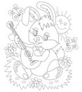 Black and white page for baby coloring book. Drawing of cute rabbit playing music on the meadow.