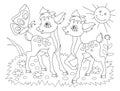 Black and white page for baby coloring book. Drawing of two cute fawns playing on the meadow. Printable template for kids. Royalty Free Stock Photo