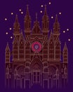 Illustration of a fantasy medieval Gothic castle at night time. Cover for kids fairy tale book. Poster for travel company.