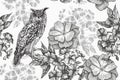 Sitting owl and seamless floral pattern with phlox and roses. Hand-drawn, vector illustration.