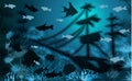Underwater wallpaper with ship sunken tropical fish, vector Royalty Free Stock Photo