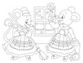 Black and white page for baby coloring book. Drawing of two cute mice cleaning their house. Printable template for kids. Royalty Free Stock Photo