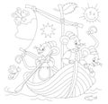 Black and white page for baby coloring book. Drawing of three cute mice traveling in sailboat. Printable template for kids.