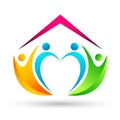 Happy family home/ house union, love heart shaped logo on white background Royalty Free Stock Photo