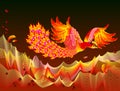 Fantasy illustration of Fire-bird flying between flame waves. Cover for children fairy tale book. Royalty Free Stock Photo