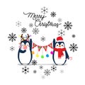 Vector holiday Christmas greeting card with cartoon penguins, snow flakes Royalty Free Stock Photo