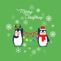 Vector holiday Christmas greeting card with cartoon penguins, snow flakes Royalty Free Stock Photo