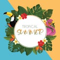 Tropical summer round frame design with exotic palm leaves, Hibiscus flowers, Toucan and Flamingo