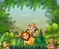 Jungle or zoo background with zookeeper and lion