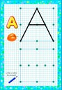 Educational page for little children on square paper. Write letter by example. Logic puzzle game.